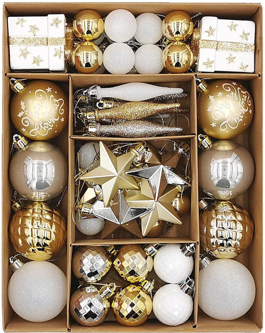 Christmas Assorted Ornaments Set, 58 ct Gold-Silver-White Stars Theme Xmas Tree Ball Ornament, Shatterproof Decorative Hanging Ornaments for Holidays Party Decoration Tree Ornament and Events