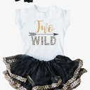 Luke and Lulu Two Wild 2nd Birthday Outfit for Girls – White Shirt with Black and Gold Skirt Dress – Cute Shirts for Toddlers Size 2T