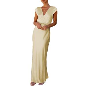 Summer Satin V Neck Wrap Maxi Dress for Women 2026 Elegant Silk Cap Sleeve Wedding Guest Dresses Yellow L