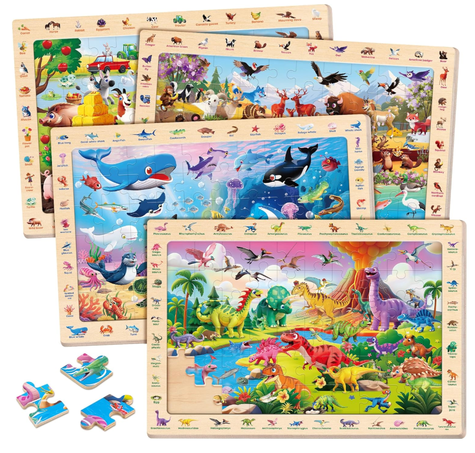 SYNARRY Wooden Dinosaur Farm Ocean Animal Puzzles for Kids Ages 46, 4 x 60 Piece Match & Find Puzzles for Kids Ages 35 Boys Girls, Preschool Educational Puzzle Toddlers Easter Gifts for 48 Year Old