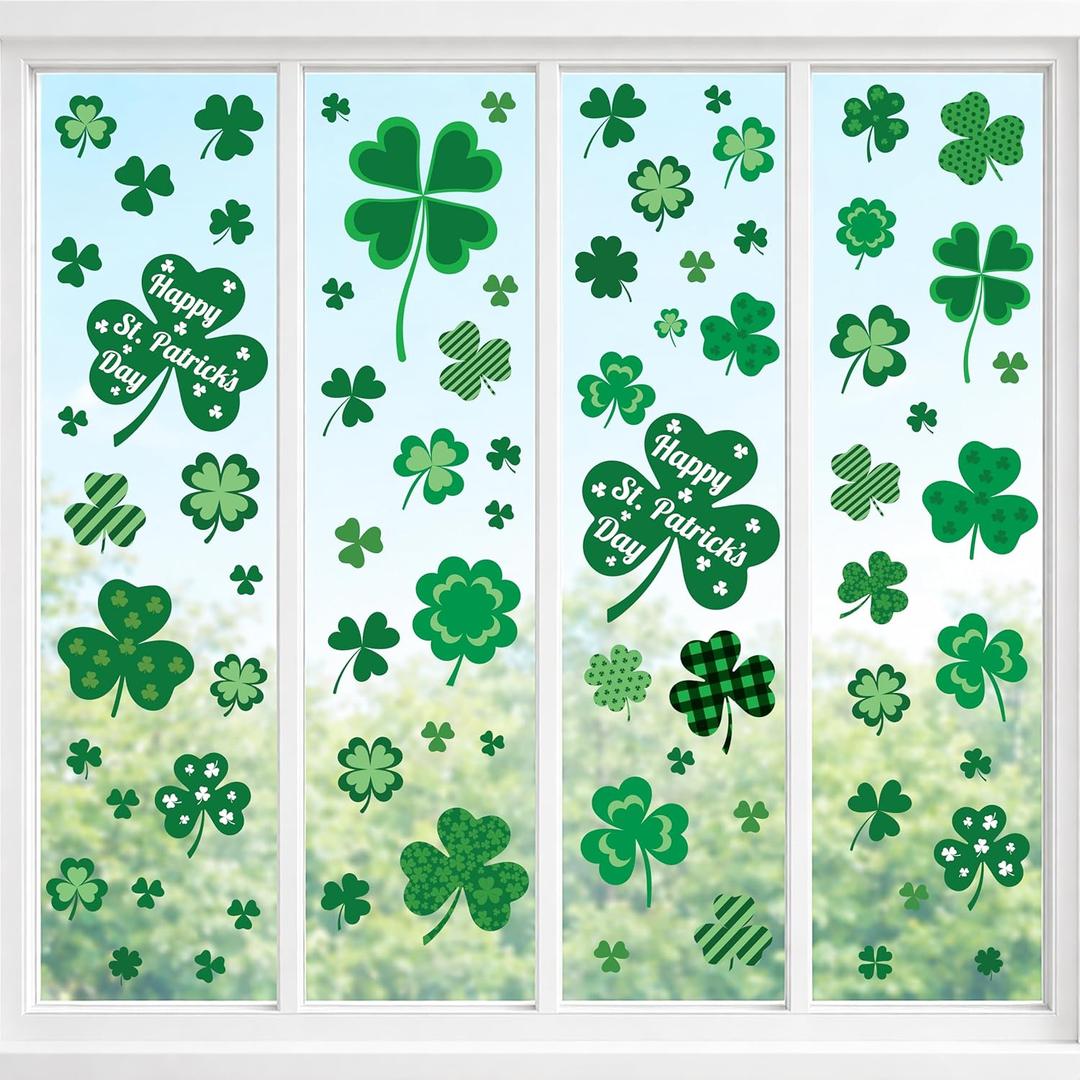 4 x 4Es Novelty 115 PCS St. Patricks Day Window Clings (9 Sheets)  Green Shamrock Window Clings for Glass, St Patricks Day Window Decorations & Irish Home Decor