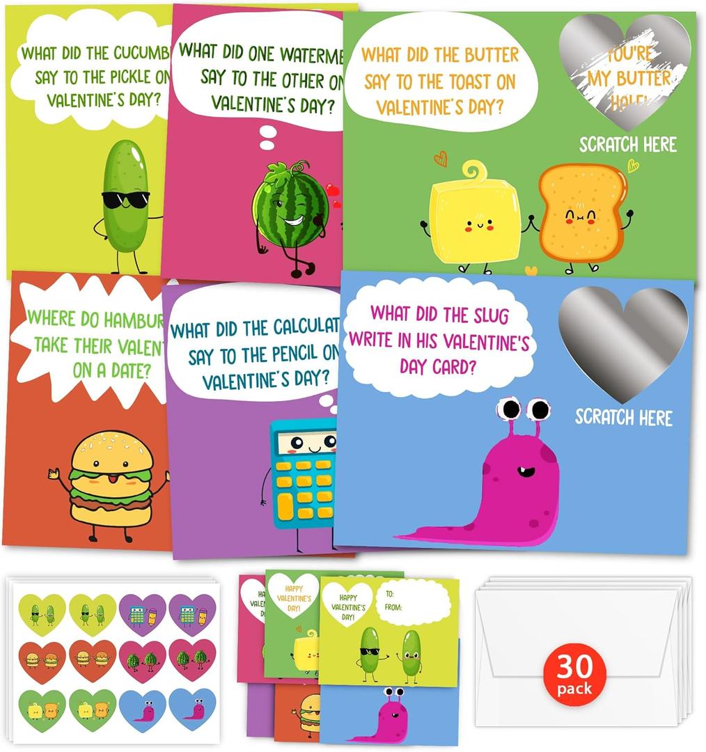 HIDEGRASS Funny Joke Valentine's Day Cards for Kids Classroom, 30 Pack Valentine Cards with 36 Stickers & 30 Envelops, Valentines Gifts for Boys Girls