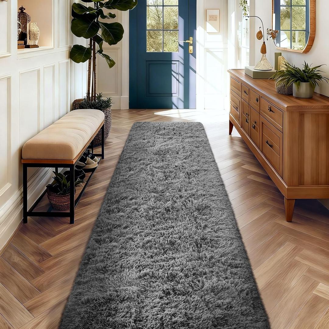 Ophanie 2x10 Runner Rug for Hallway, Upgrade Non-Slip Fluffy Soft Bedside Rugs, Bedroom Living Room Grey Shaggy Gray Carpet for Kids Girls Boys Dorm Nursery Home Decor Aesthetic
