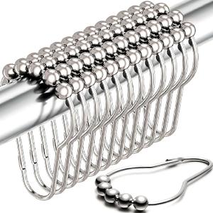 Shower Curtain Hooks Rust Proof (Set of 12) - Stainless Steel Shower Curtain Rings - Anti Slip Roller Balls for Easy Glide (Secure Lock Hooks, Polished Nickel)