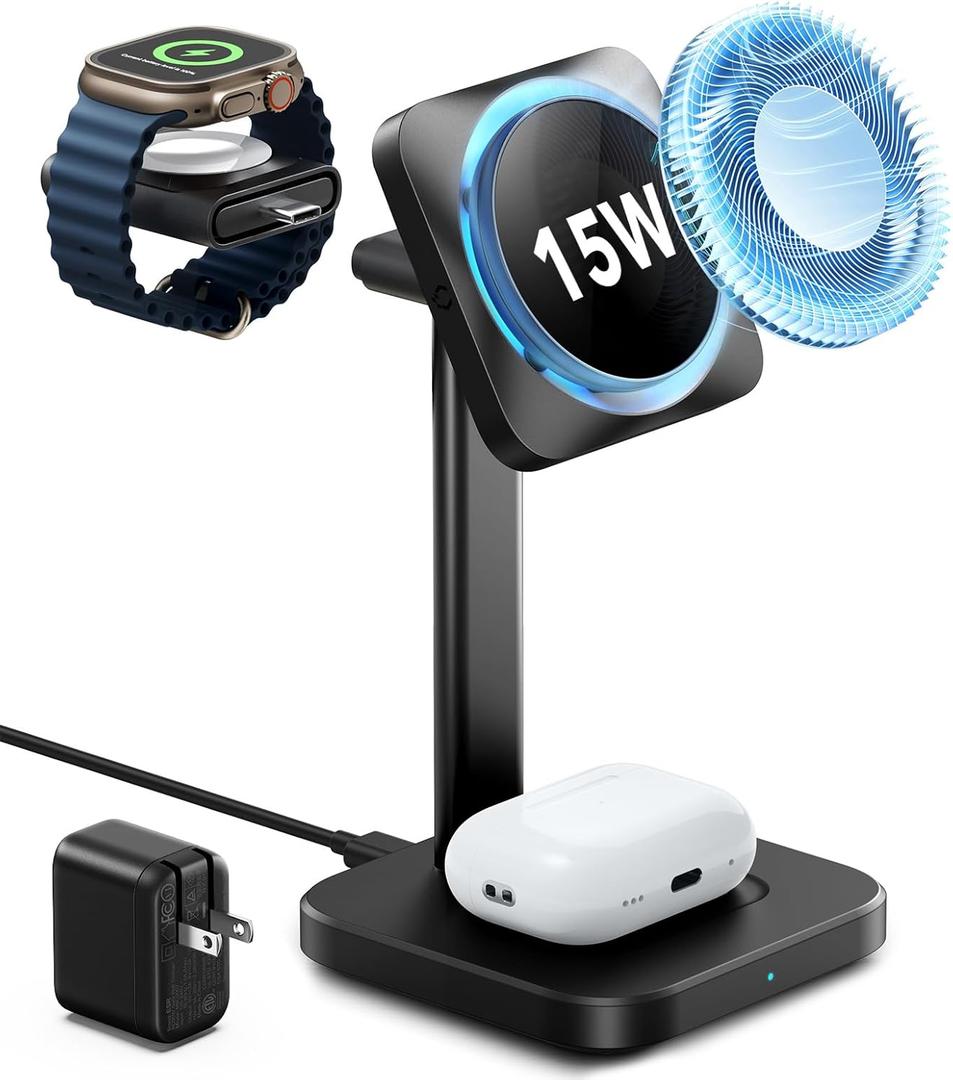 ESR for MagSafe Charger Stand, 3 in 1 Charging Station with CryoBoost, Phone-Cooling Wireless Charging, 15W MagSafe Stand, for iPhone 17/16/15/14/13/12, AirPods, Apple Watch, Black