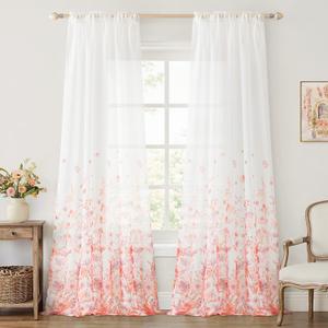 MIULEE Pink Printed Semi Sheer Linen Textured Curtains 84" Long 2 Panels Set for Bedroom Living Room, Floral Printed Rod Pocket Tulle Light Filtering Spring Flower Pattern Window Drapes 52" x 84"