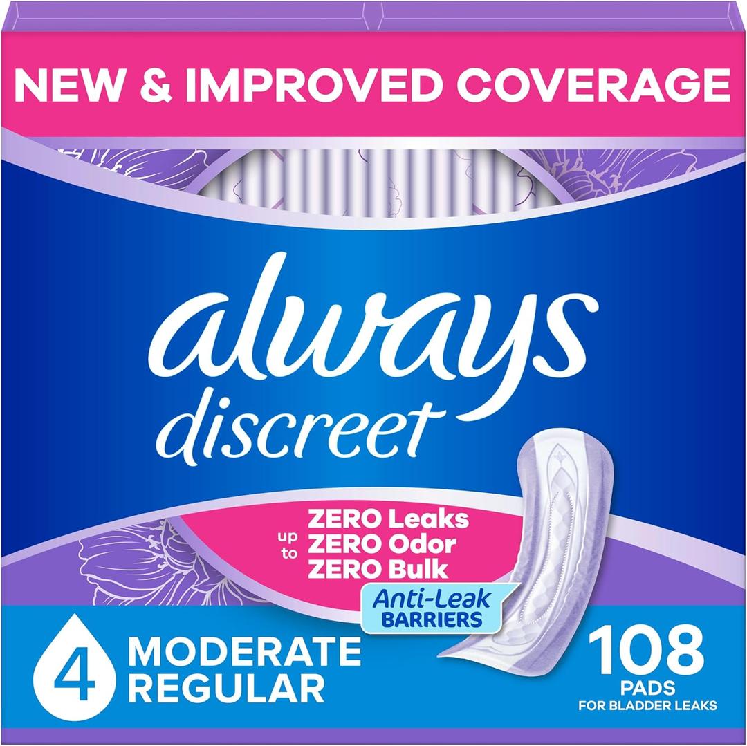 Always Discreet Adult Incontinence Pads for Women, Drier, 4 Drop Regular Length, Moderate Absorbency, Pads for Bladder Control Management, Bladder Leaks, & Postpartum Pads, 108ct