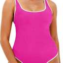 Beautife Womens Plus Size One Piece Swimsuit Athletic High Cut Color Block Ribbed Adjustable Wide Strap Bathing Suit (3X-Large Plus, Rose Red)