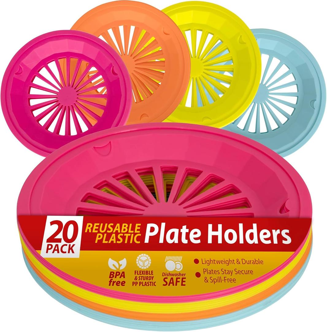 Besti Reusable Plastic Paper Plate Holders 10 Inch, 20 Piece Round Plastic Paper Plate Holder Set with Snap-In Grooves, Dishwasher Safe, 4 Assorted Colors (Multicolor)