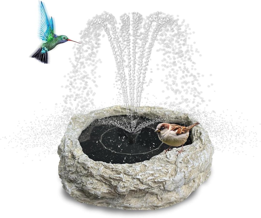 SAC SMARTEN ARTS Solar Bird Bath Fountain with Solar Panel Resin Granite Rock Solar Water Fountain for Bird Bath Outdoor Hummingbird Fish Pond with 5 Nozzles