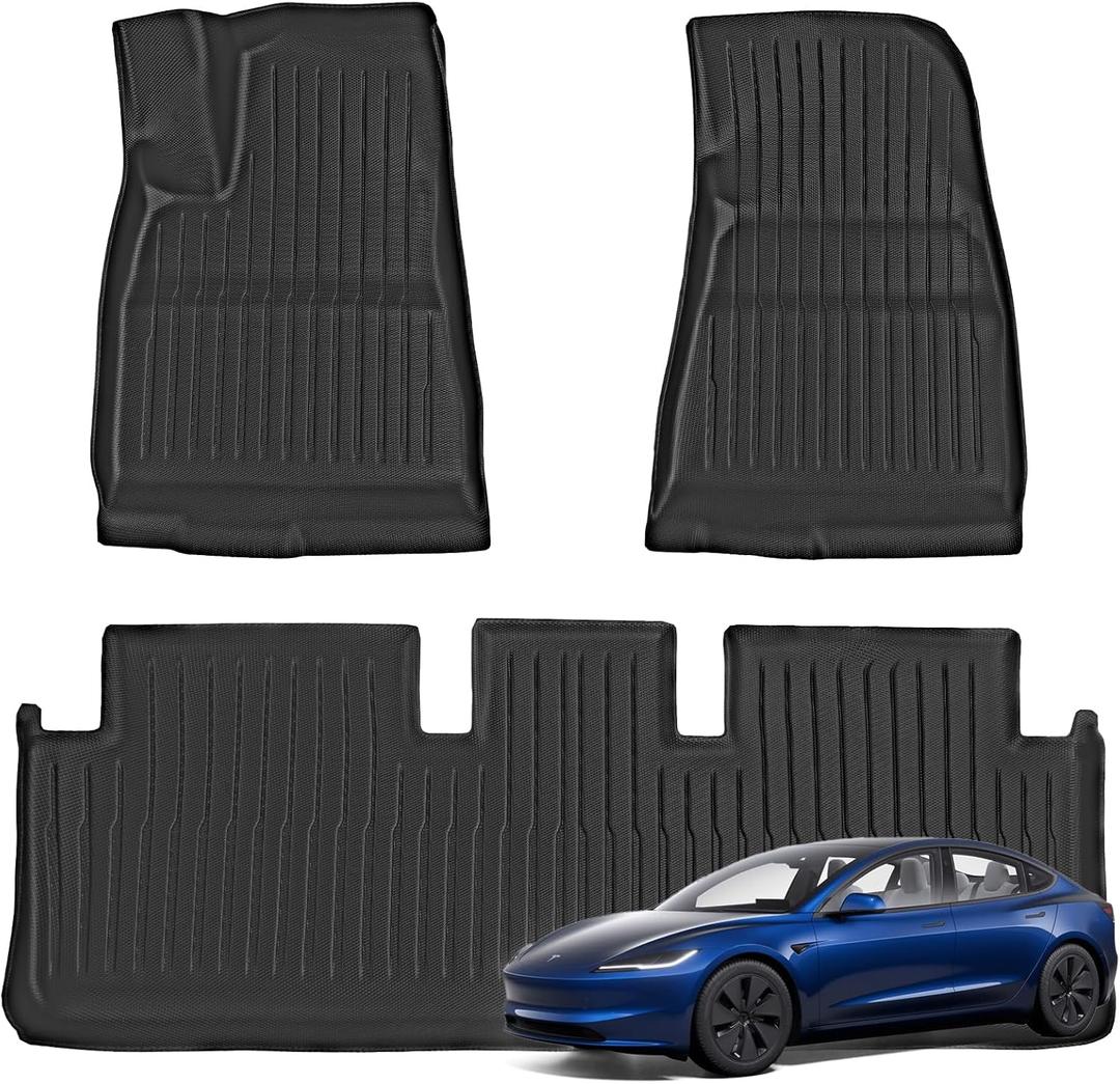 Floor Mats for 2024 Tesla Model 3 Highlan All Weather TPE Mat 3PC Black 1st & 2nd Row Full Car Accessories Liner Set