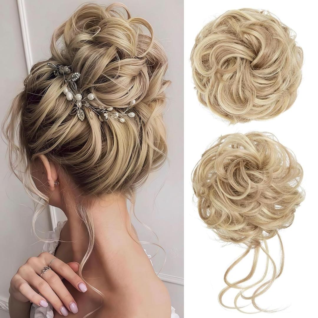 2PCS Messy Bun Piece for Women - Fake Hair Scrunchie & Bun Extensions, No-Slip Elastic Ties for Instant Updo, Wavy Curly Scrunchies for Thin/Thick Hair (Cream Blonde