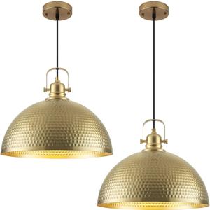 Gold Pendant Light 16 inch, Hammered Large Dome Pendant Light, Industrial Farmhouse Pendant Lights Kitchen Island, Gold Kitchen Pendant Lights for Kitchen, Dining Room Living Room 2 Pack