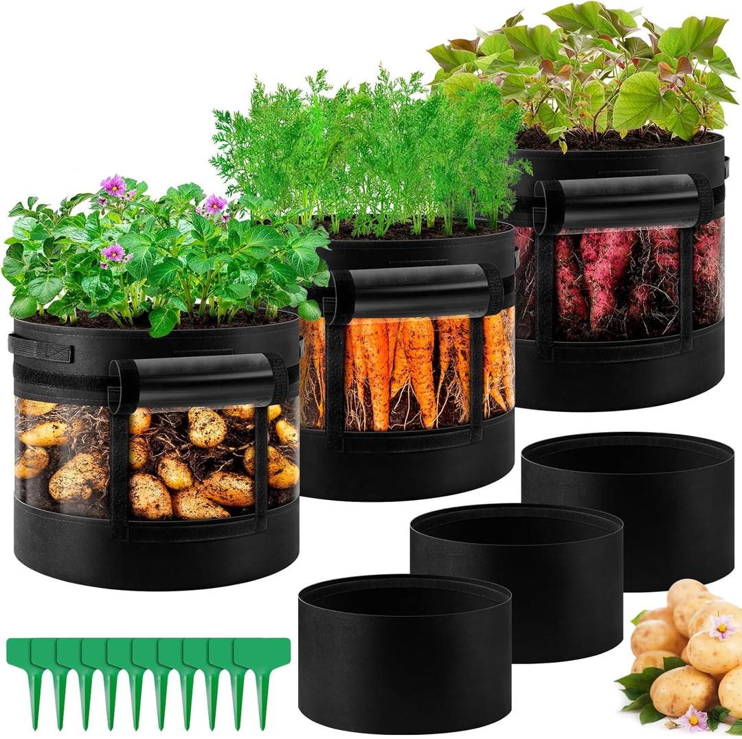 3 Pack 20 Gallon 360 Visibility Potato Grow Bags with Shading Flap, Plant Grow Bags for Growing Potatoes Heavy Duty Thickened Nonwoven Fabric Gardening Vegetable Growing Bags with Harvest Window