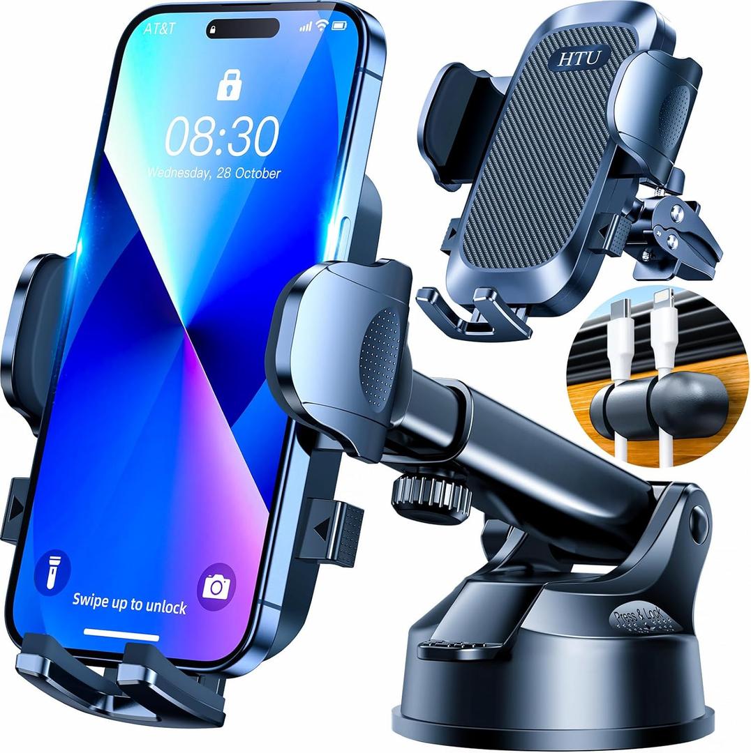 HTU 2026 Upgraded [True Military-Grade] Car Phone HolderSafety Certs & No Smell Cell Phone Holder for Car Mount for Dashboard Windshield Air Vent Long Arm Thick Case,Black