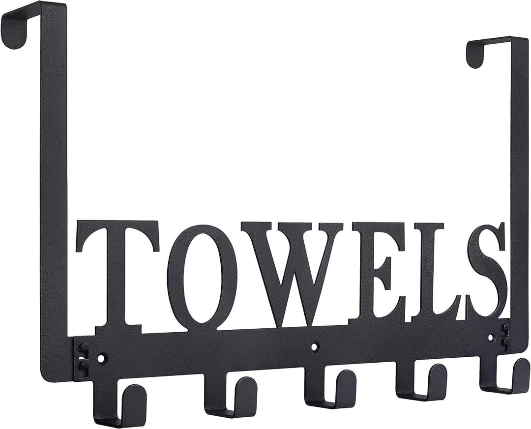 Over The Door Hooks - Towel Holder for Bathroom, Bedroom, Kitchen & Pool - Sandblasted Black Metal Wall Mount (5 Hooks)