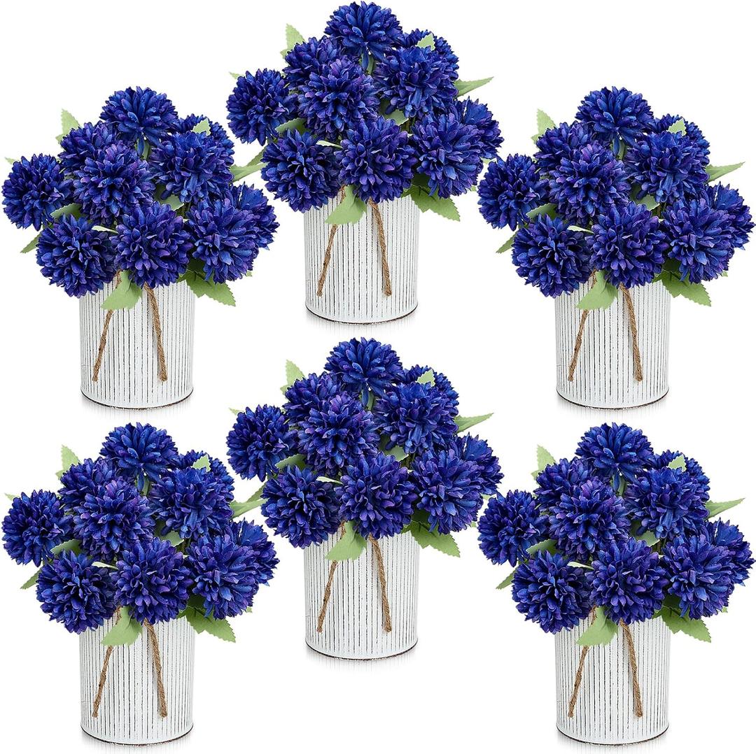 Pre-Made Flower Table Centerpieces, Set of 6 Artificial Silk Chrysanthemum with Farmhouse Metal Vases for Wedding, Birthday Parties, Home, Dining Table Decorations - Royal Blue