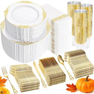 YOUBET 700PCS Gold Plastic Dinnerware Set - White and Gold Disposable Plates for 100 Guest - 200 Disposable Plates, 300 Heavy Duty Plastic Silverware, 100 Cups,100 Napkins for Wedding Thanksgiving