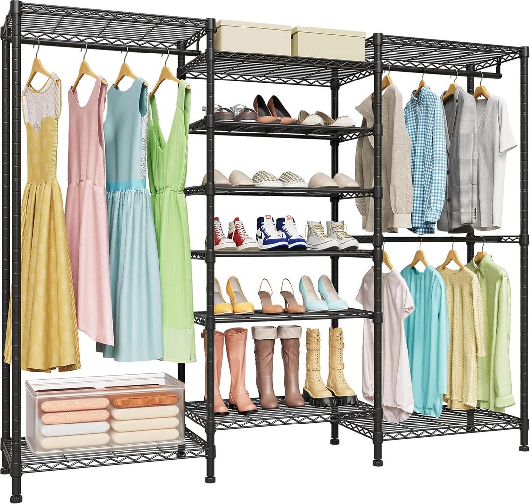 H12 Heavy Duty Clothes Rack with Adjustable 5-Tier Shoe Rack, Freestanding Clothing Racks for Hanging Clothes, Metal Shoe Organizer Large Closet Racks, 15.7" D x 68.7" W x 76.4" H, Black