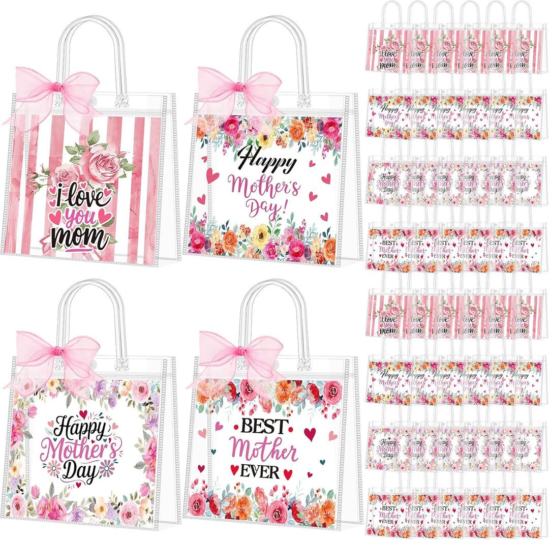 Kolldenn 48 Pcs Mother's Day Clear Gift Bags Bulk Pink Floral PVC Gifts Bag with Handle Ribbon Reusable Goodies Treats Happy Mothers Day Bag for Mom Women Decoration Party Favors 5.9x6.3x2.8 Inch