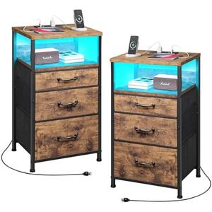 YeTom Nightstand with Charging Station Set of 2, LED Night Stand with 3 Fabric Drawers, Side Table with Open Shelf, End Table with Steel Frame,3 Drawer Dresser for Bedroom, Brown