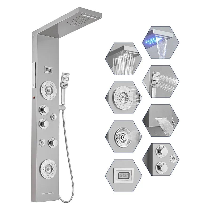 BWE 6 in 1 Shower Panel Tower System with Led Lights and Temperature Display Stainless Steel shower system with Rainfall, Waterfall, 2-Type Massage Jets, Handheld and Tub Spout, Brushed Nickel