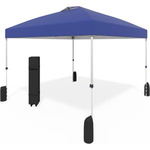 10x10 Pop Up Canopy - Instant Setup Beach Tent with Wheeled Carry Bag, 8 Sandbags & 4 Guy Lines - Portable Sun Shade for Camping, Events, Silver Coated Top, Blue