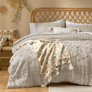 Tufted Boho King Size Comforter Set, 3 Pieces Khaki Boho Bed Set, Farmhouse Shabby Chic Embroidery Bedding for All Seasons, Soft Jacquard King Bedding Set with Comforter  2 Pillow Shams