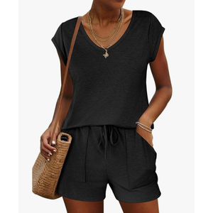 Ekouaer Womens Pajama Sets 2 Piece Lounge Sets Comfy Short Sleeve Tops and Shorts Cute Pjs Outfits, L, Black