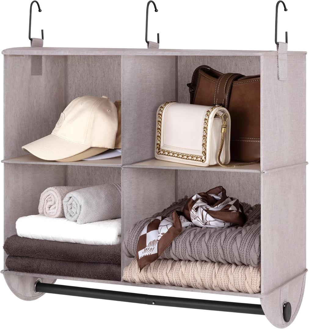 StorageWorks Hanging Closet Organizer with Garment Rod, 4-Section Clothes Storage for Closet, 12 " D x 24 " W x 28" H, Light Khaki
