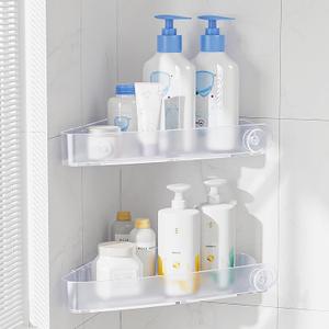 Sotfamily Plastic Shower Caddy Corner (for 90 Only), 2 Pack Adhesive Corner Shower Shelves for Bathroom Organizers and Storage, Frosted Clear