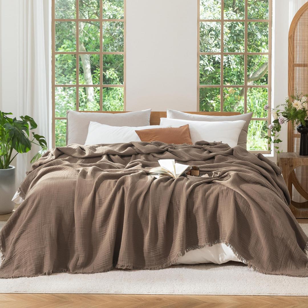 MooMee Muslin Blanket - 100% Cotton 4-Layer Gauze Throw Blanket with All-Around Fringe, Soft Breathable Lightweight Cooling Summer Blankets for Bed Couch(Brown,King 104" x 90")