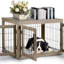 Upolana Dog Crate Furniture, 38 inch Large Dog Crates with Bed Mat, Wooden Dog Kennel Furniture, End Side Table Dog Cage with 3 Doors, Greige