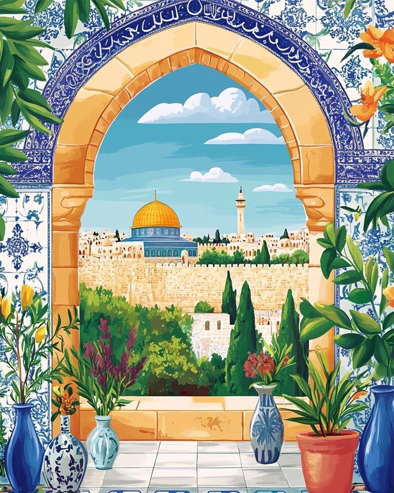 Islamic Style Arch Paint by Numbers for Adults Beginners Flowers in a Vase Painting by Number on Canvas Without Frame,Islamic Style Paint on Canvas with Brushes Acrylic Paints for Gift (16x20inch)