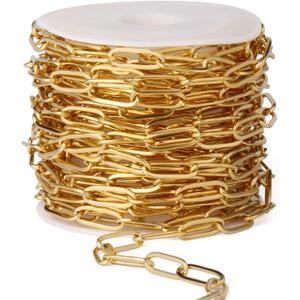 [16.5 Ft] Stainless Steel Paperclip Chains Roll, 4.3mm Width 18K Gold PVD Plated Stainless Steel Oval Link Chains Spool Bulk for Jewelry Making
