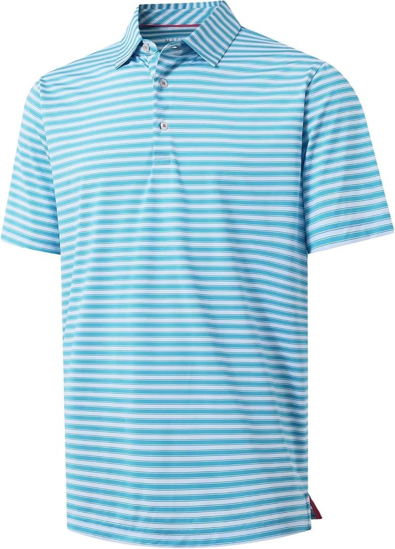 MAELREG Golf Shirts for Men Short Sleeve Dry Fit Casual Striped Performance Moisture Wicking Collared Men's Polo Shirts (XX-Large, Sky Blue White)