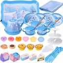 PRE-WORLD Tea Party Set for Little Girls, 46Pcs Princess Tea Time Toy Including Dessert,Cookies,Doughnut,Teapot Tray Cake,Tablecloth,Gloves & Carrying Case,Kitchen Pretend Play for Girls Boys Age 3-6