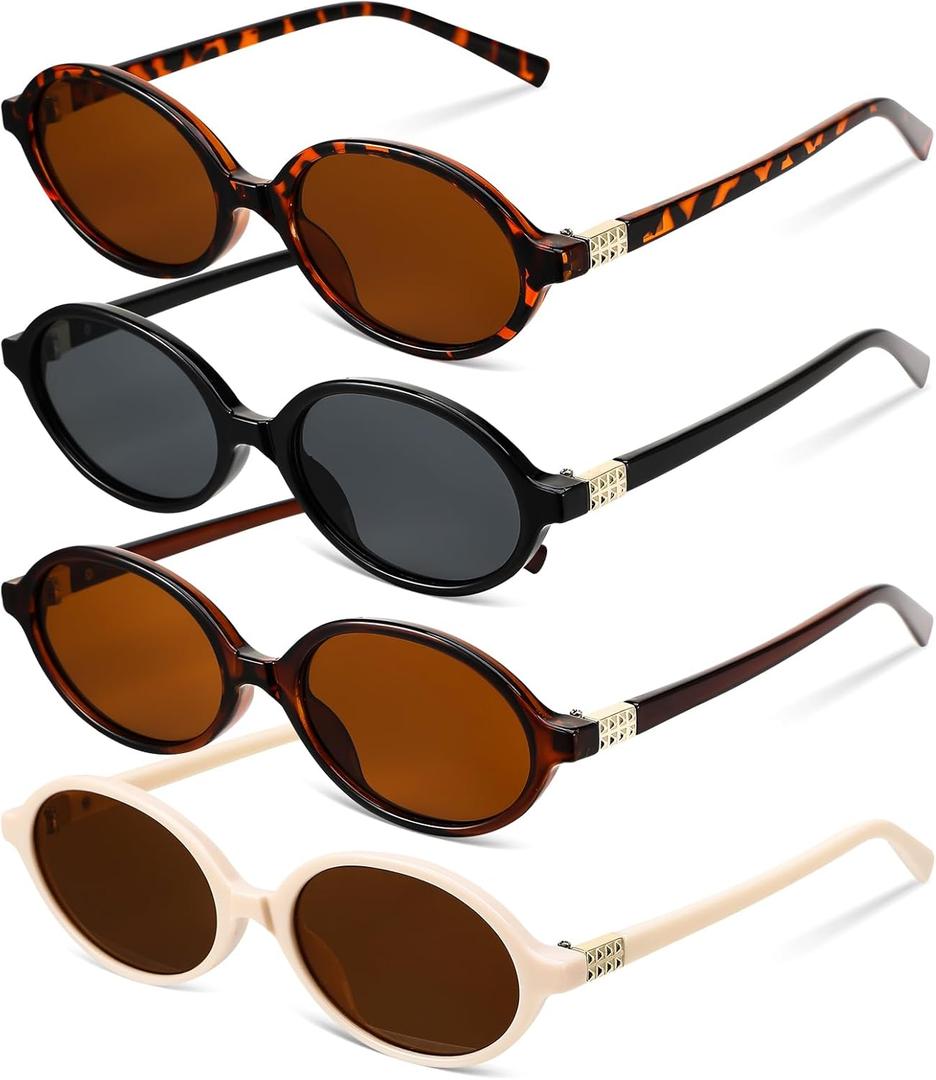 JATEBI 4 Pack Retro Rectangular Sunglasses for Women Men 90s y2k Small Retro Vintage Style UV Protection Sun Glasses (Black, Bean Curd Color, Tea Color, and Beige Oval Narrow Frame)