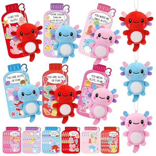 Motionchic Axolotl Valentines Day Gifts 17Pack Axolotl Plush Keychains with Valentines Gifts Cards, Cute Plush Keychains for Friends Exchange Party Favors
