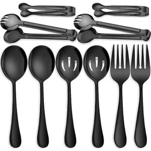 10 PCS Stainless Steel Serving Utensils, Large Serving Spoons Slotted Spoons, Serving Forks, Serving Tongs, Ice Suger Tongs, Metal Utensils Set Great for Buffet Catering Banquet Party (Black)