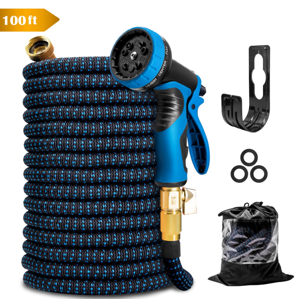Kotto 100 ft Flexible Garden Hose, Water Hose for Outside with 10 Spray Nozzles, Brass Connector, Leak-Proof, Blue