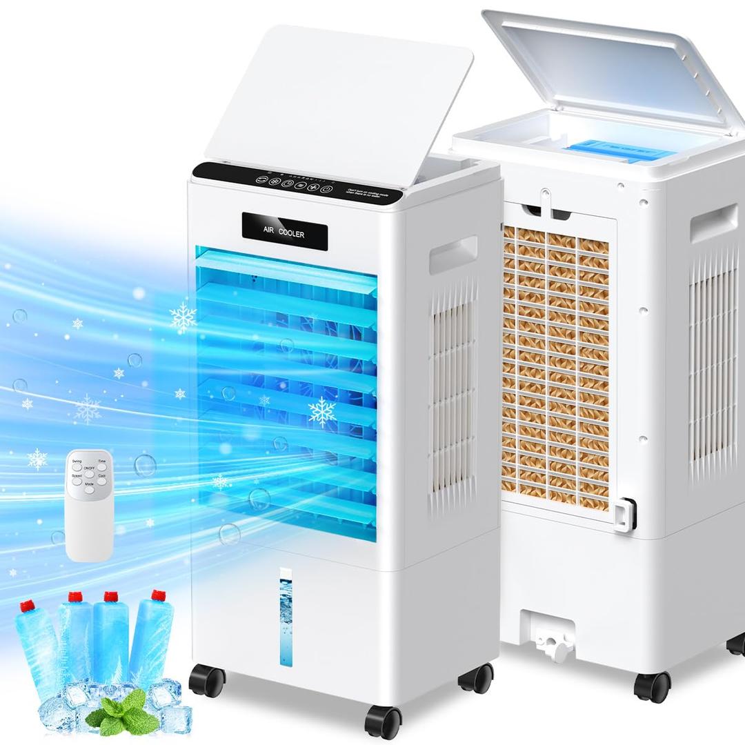 Portable Air Conditioners, 3-in-1 AC Cooling Fan 3 modes 3-Speed with Remote Control & 4 Ice Boxes, Evaporative Air Cooler with 8L Tank 20H Cooling, for Home, Bedroom, Kitchen (White)