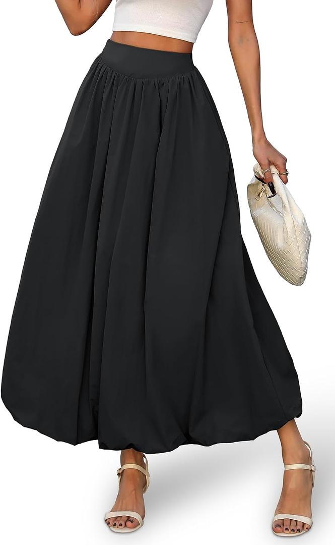 ELLEVEN Women's Bubble Maxi Skirt, Elastic Waist Puffy Hem A-Line Skirt with Pockets (Black, XL)