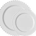 PLASTICPRO 32 Piece Combo Plastic Dinner Plates Disposable Plastic Fancy Heavy Duty Party Dishes 7 inch and 10 inch, White Beaded