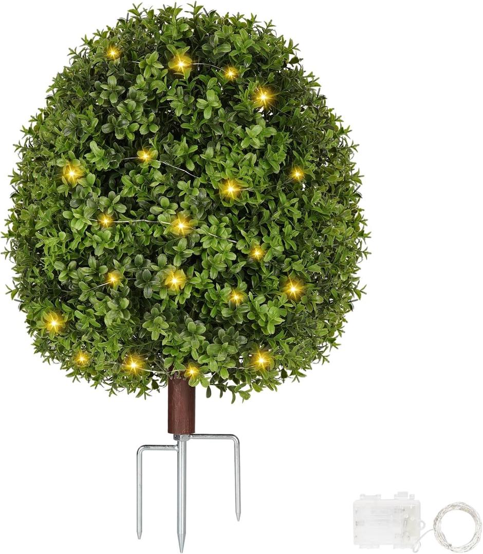 Artificial Boxwood Topiary Trees for Outdoors, Faux Topiary Ball Tree UV Resistant Fake Shrubs Evergreen Bush Plants for Front Porch Garden Yard Balcony Wedding Decor, Led String Light (1 Pack)