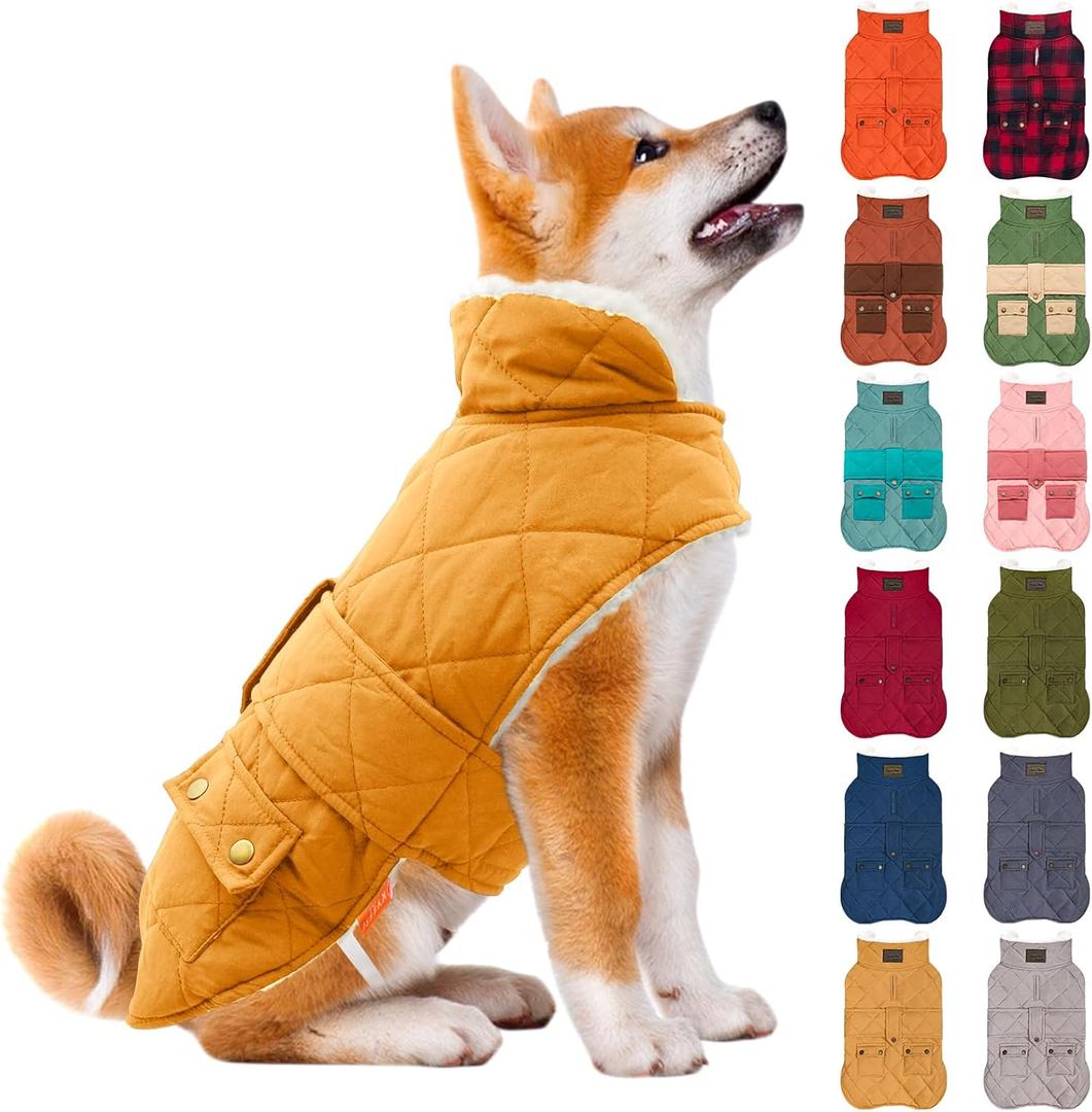 KYEESE Dog Coat Windproof Dog Coats for Small Dogs Waterproof Dogs Jacket with Fleece Lined Warm Pet Winter Puffer Coat with Leash Hole Thick Cat Clothes with Pocket Soft Pet Sweater for Cold Weather (Medium, 08# Yellow)
