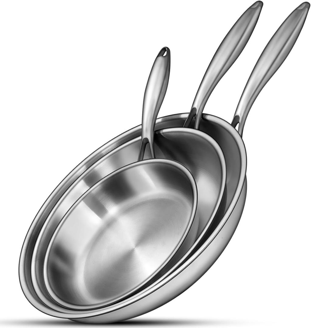 EWFEN Tri-Ply Stainless Steel Frying Pans Set, 8/10/12 Cooking pans, PFOA&PTFE Free Skillet, Induction Cooking Pan, Dishwasher and Oven Safe, Fast & Even Heat, Heavy Duty and Detachable Handle