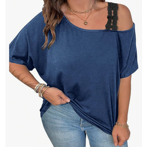 SOLY HUX Women's Plus Size Cold Shoulder Contrast Lace Short Sleeve Tee T Shirt Summer Tops Size XL Plus