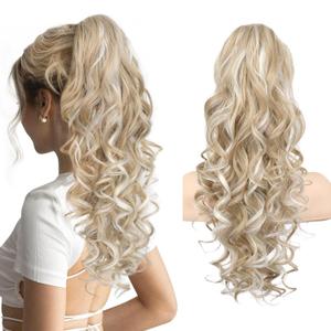 REECHO Ponytail Extension, 20 Claw Clip Ponytail Extension Curly Clip in Ponytail Long Pony Tails Hair Extensions for Women Fluffy Natural Looking Synthetic Hairpiece, Medium Blonde with Highlights