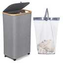 DoReFaSol Large Laundry Basket with Wheels, 100L Hampers for Laundry, Freestanding Laundry Hamper with Lid and Bamboo Handles, Collapsible & Waterproof Tall Cloth Hamper for Dorm Family, (Grey）